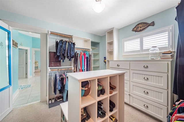 walk in closet with light colored carpet