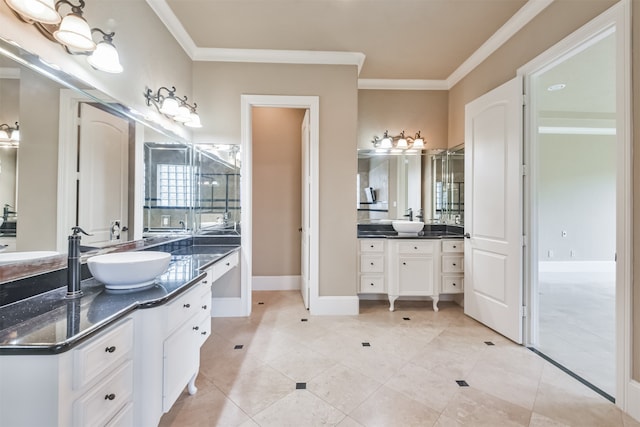 bathroom featuring dual vanity, tile patterned floors, and crown molding