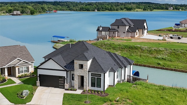 exterior space with a water view