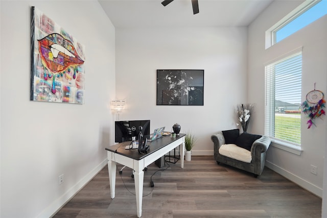 office area with a healthy amount of sunlight, baseboards, and wood finished floors