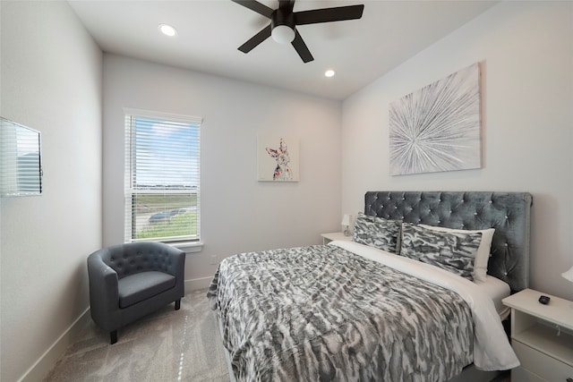 bedroom with recessed lighting, carpet, a ceiling fan, and baseboards