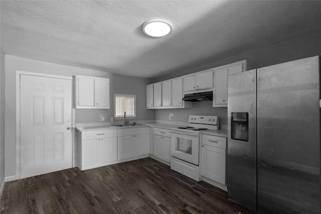 kitchen featuring stainless steel fridge, dark hardwood / wood-style flooring, sink, and white range with electric stovetop