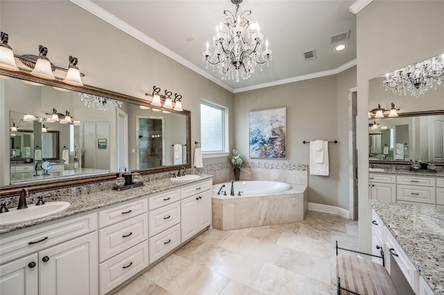 bathroom with plus walk in shower, vanity, and ornamental molding