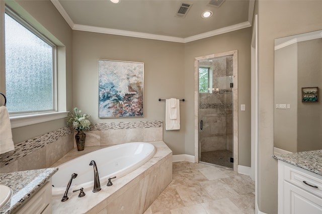 bathroom with vanity, independent shower and bath, plenty of natural light, and crown molding