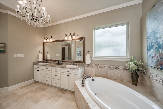 bathroom featuring a chandelier, vanity, tiled bath, and crown molding