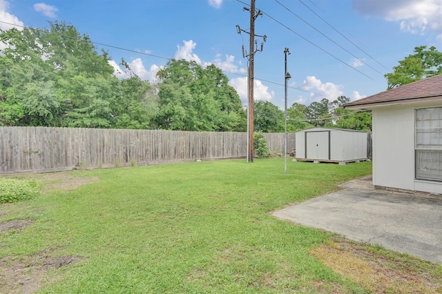 view of yard featuring a patio and a storage unit