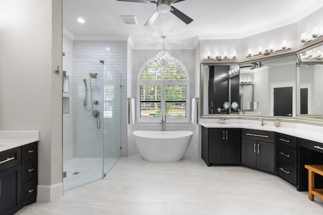 bathroom with large vanity, crown molding, tile flooring, ceiling fan with notable chandelier, and shower with separate bathtub