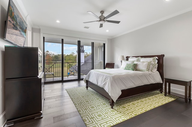 bedroom with hardwood / wood-style floors, ceiling fan, access to exterior, and ornamental molding