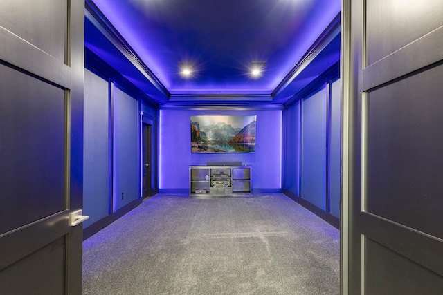 carpeted cinema featuring a tray ceiling