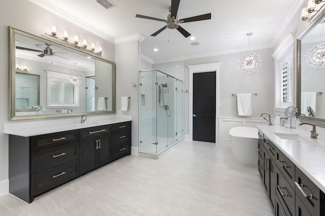 bathroom with ceiling fan with notable chandelier, crown molding, vanity, tile flooring, and independent shower and bath