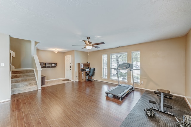 exercise area with hardwood / wood-style floors and ceiling fan