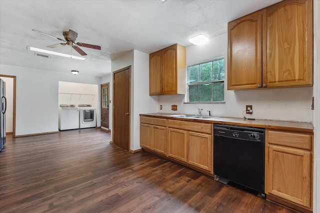 kitchen with dishwasher, ceiling fan, washer and dryer, dark wood-type flooring, and sink