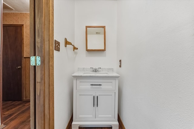 bathroom featuring vanity with extensive cabinet space and hardwood / wood-style flooring