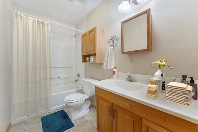 full bathroom featuring vanity, toilet, tile floors, and shower / tub combo with curtain