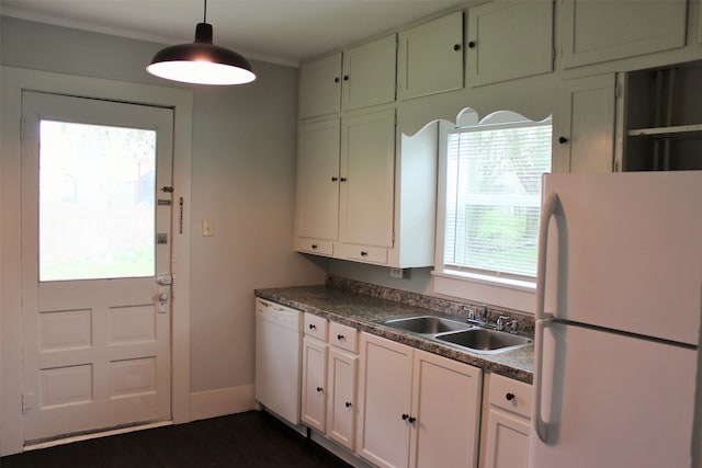 kitchen with decorative light fixtures, white appliances, dark hardwood / wood-style flooring, white cabinetry, and sink