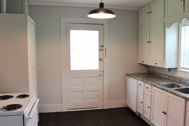 kitchen with decorative light fixtures, white appliances, dark wood-type flooring, white cabinetry, and sink