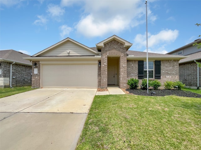 ranch-style home with a garage and a front lawn