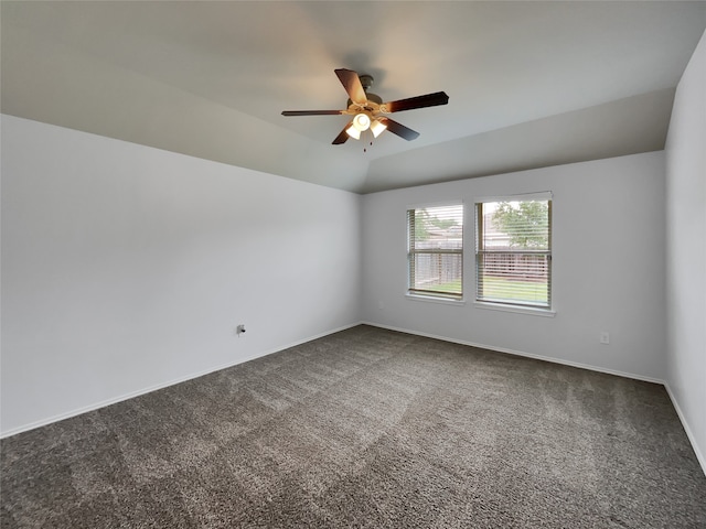 unfurnished room featuring lofted ceiling, carpet floors, and ceiling fan