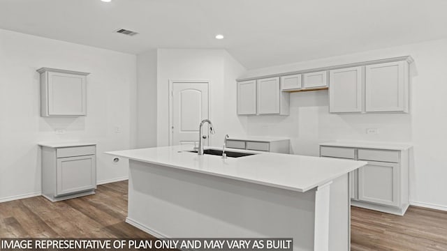 kitchen with wood-type flooring, a kitchen island with sink, gray cabinetry, and sink