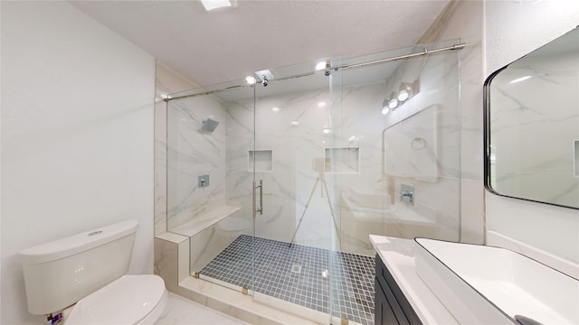 bathroom featuring vanity, toilet, tile floors, and a shower with door