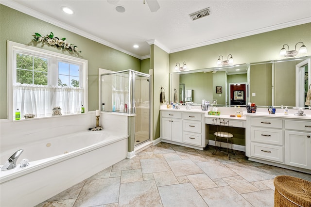 bathroom featuring ceiling fan, crown molding, separate shower and tub, vanity, and a textured ceiling