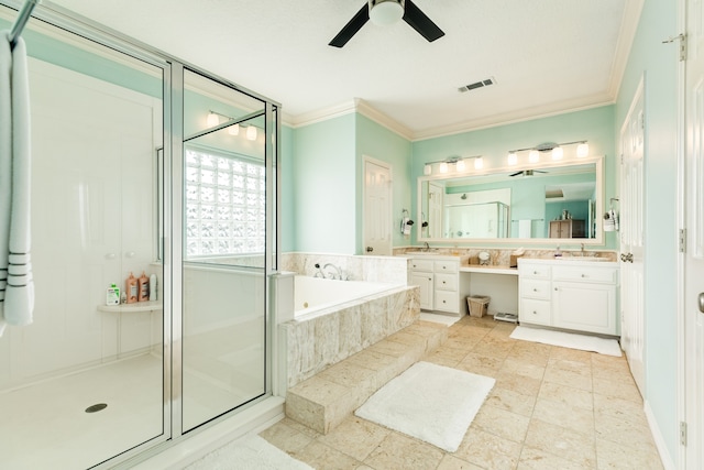 bathroom with vanity, shower with separate bathtub, tile floors, and crown molding