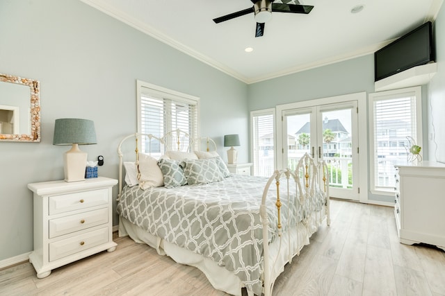 bedroom with ornamental molding, ceiling fan, access to exterior, and light hardwood / wood-style flooring