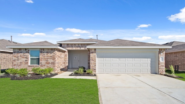 ranch-style house featuring a front yard and a garage