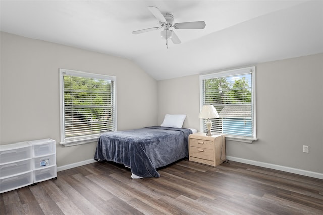 bedroom with wood-type flooring, ceiling fan, and multiple windows