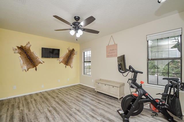 exercise room featuring light hardwood / wood-style flooring, ceiling fan, and a textured ceiling