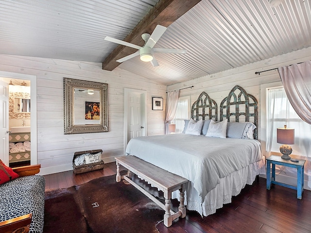 bedroom with ceiling fan, dark hardwood / wood-style flooring, lofted ceiling with beams, and wood walls