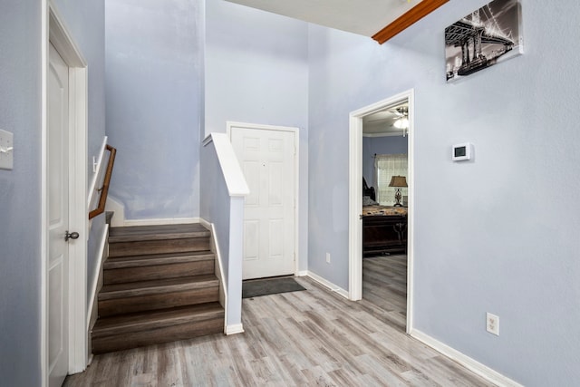 stairway featuring ceiling fan and light wood-type flooring