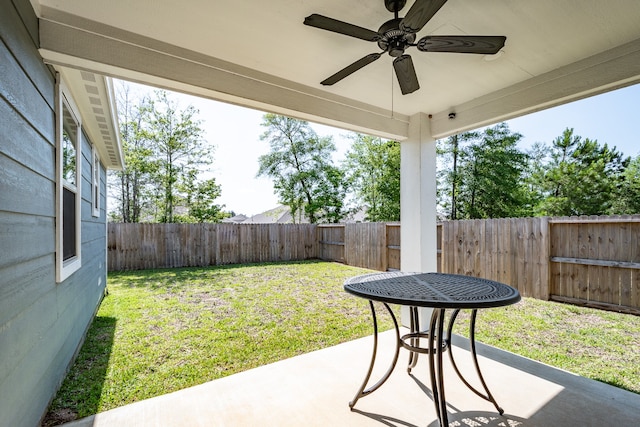 view of yard featuring a patio area and ceiling fan