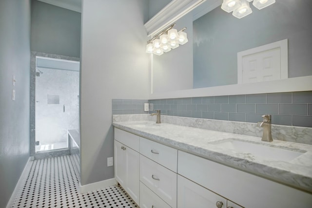 bathroom featuring tasteful backsplash, tile walls, tile floors, and dual bowl vanity