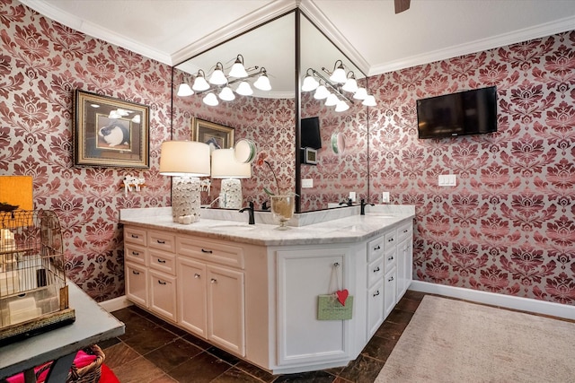 bathroom with vanity and crown molding