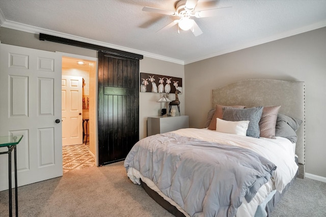 bedroom featuring ceiling fan, light colored carpet, and ornamental molding