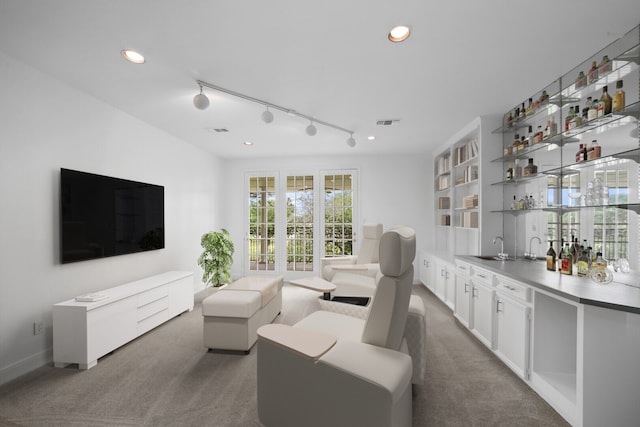 carpeted living room with rail lighting and wet bar