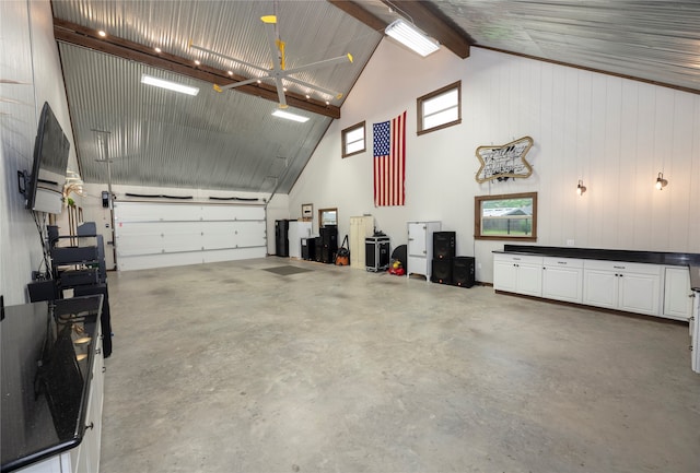 garage with wood walls