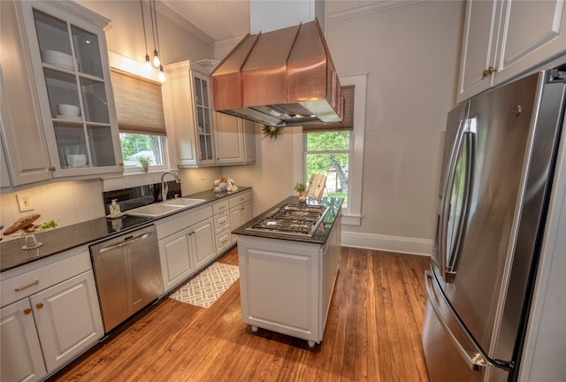 kitchen with a sink, stainless steel appliances, dark countertops, and range hood