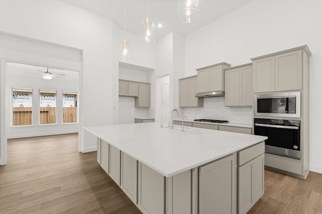 kitchen featuring sink, light wood-type flooring, stainless steel appliances, gray cabinets, and a center island with sink