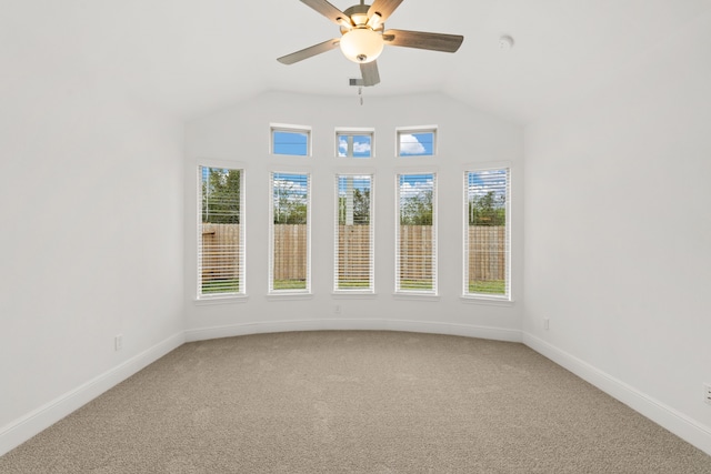 empty room with carpet, plenty of natural light, and vaulted ceiling