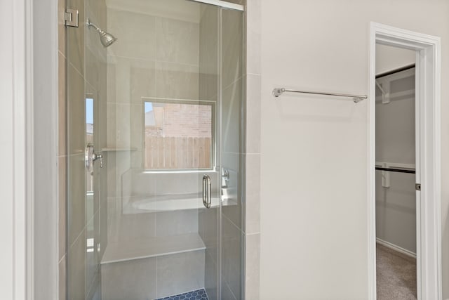 bathroom featuring a shower with shower door