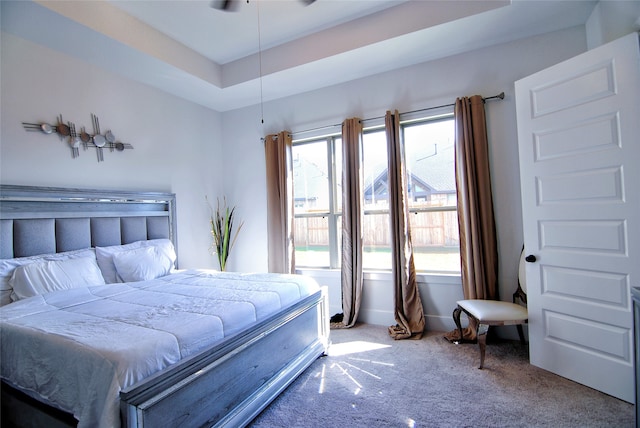 carpeted bedroom with a tray ceiling