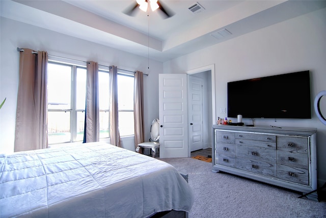 carpeted bedroom featuring a raised ceiling and ceiling fan