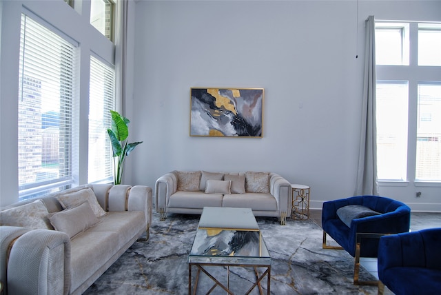 living room with a healthy amount of sunlight and a high ceiling