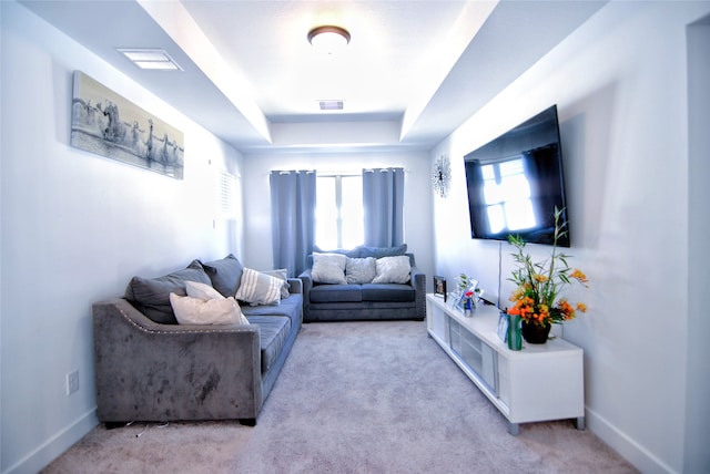 living room with a raised ceiling and light carpet