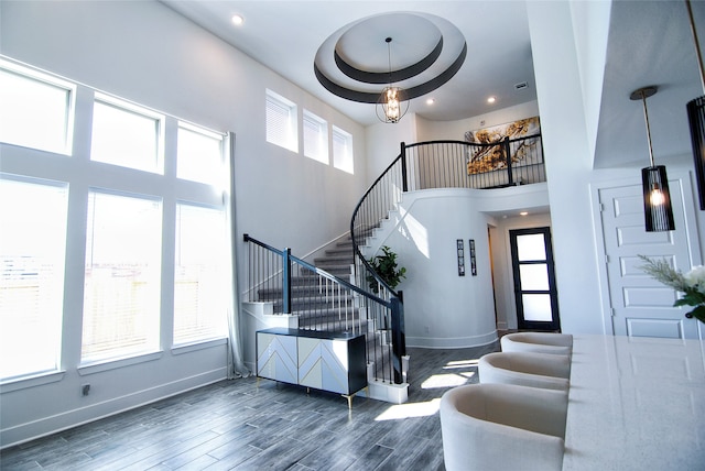 foyer entrance with a wealth of natural light, dark hardwood / wood-style floors, a towering ceiling, and a raised ceiling