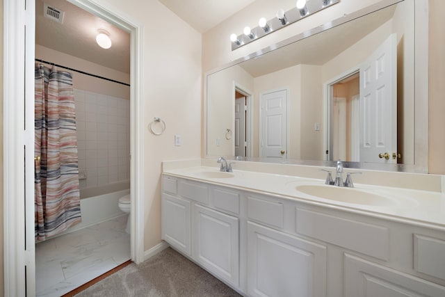 full bathroom featuring vanity, toilet, and shower / bathtub combination with curtain