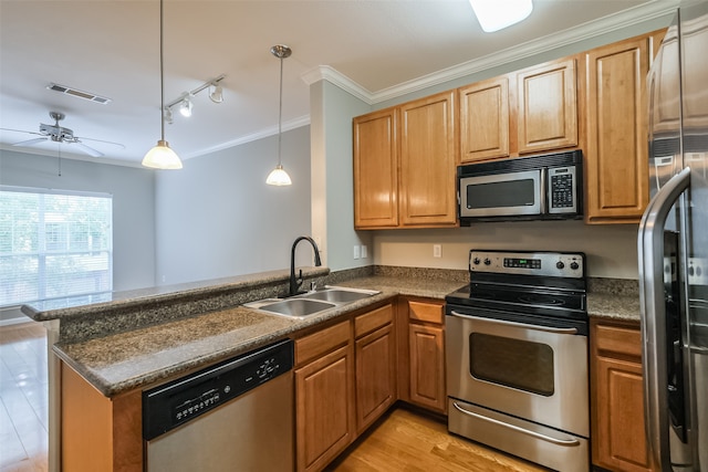 kitchen with appliances with stainless steel finishes, ceiling fan, sink, light hardwood / wood-style floors, and kitchen peninsula