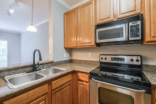 kitchen with decorative light fixtures, stainless steel appliances, crown molding, rail lighting, and sink